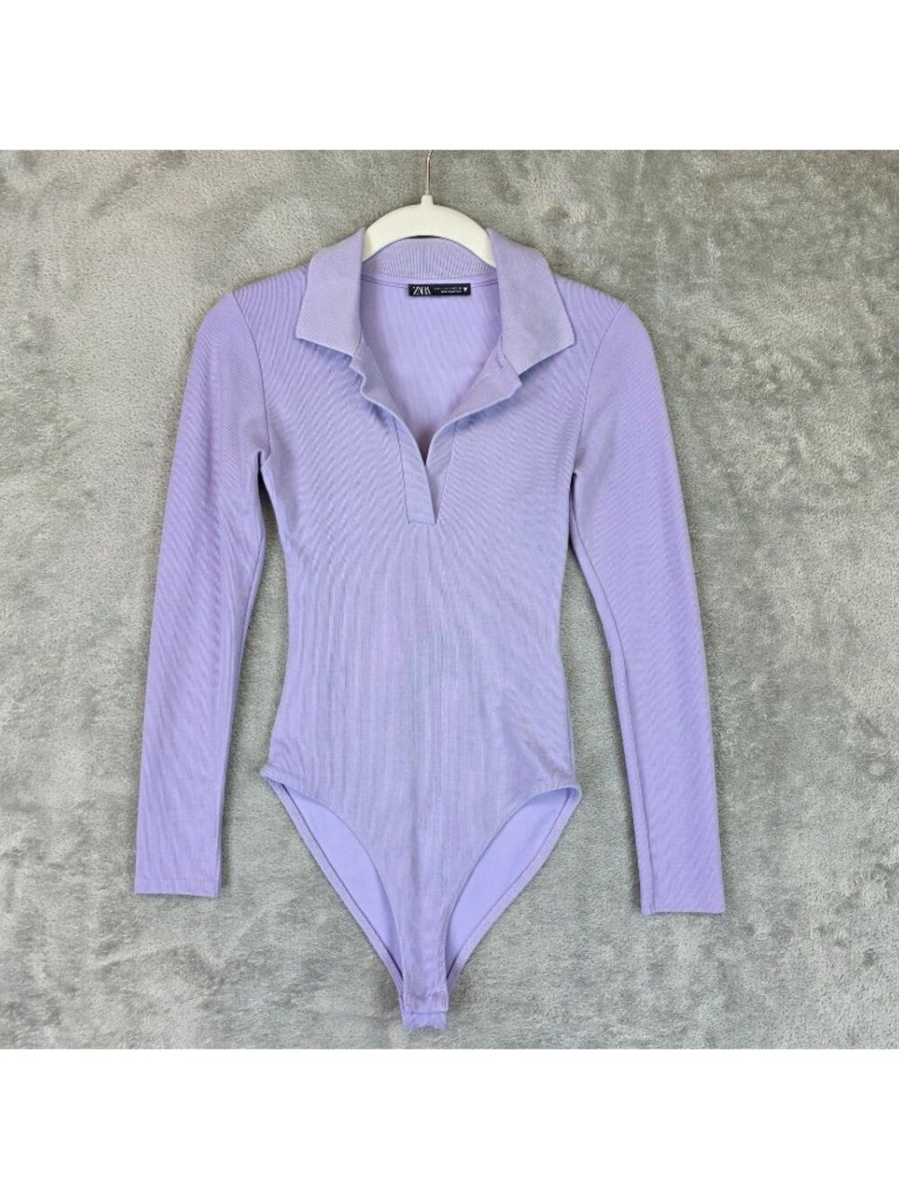 Zara Bodysuit Womens S Purple Long Sleeve Collar V Neck Stretch One Piece
